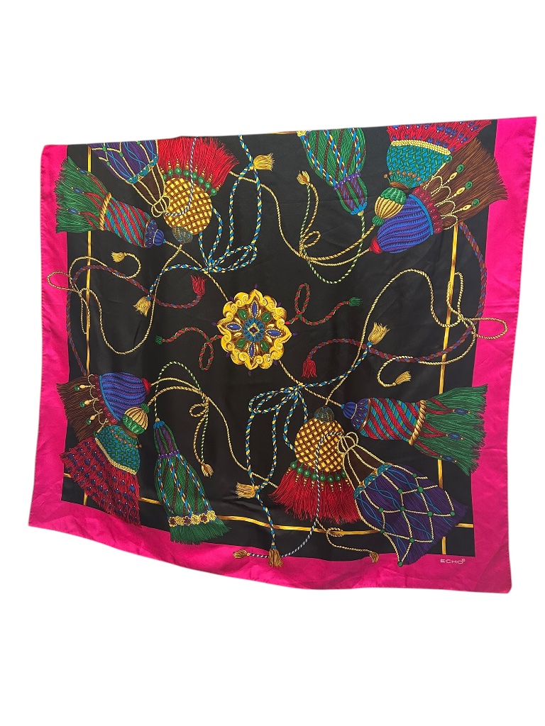 Echo Spectacular 100% Silk Bold Colors Pink Green Gold Tassels Scarf 36" Sq